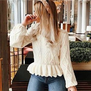 ZARA Ivory Cabel Knit Pom Pom Wool Blend Peplum Sweater Size Small